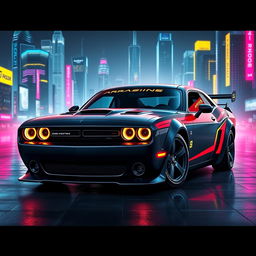 A futuristic Dodge Challenger designed with a cyberpunk aesthetic, featuring sleek lines and neon accents