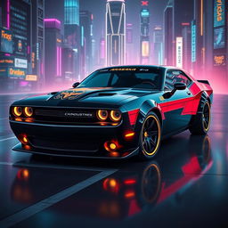 A futuristic Dodge Challenger designed with a cyberpunk aesthetic, featuring sleek lines and neon accents