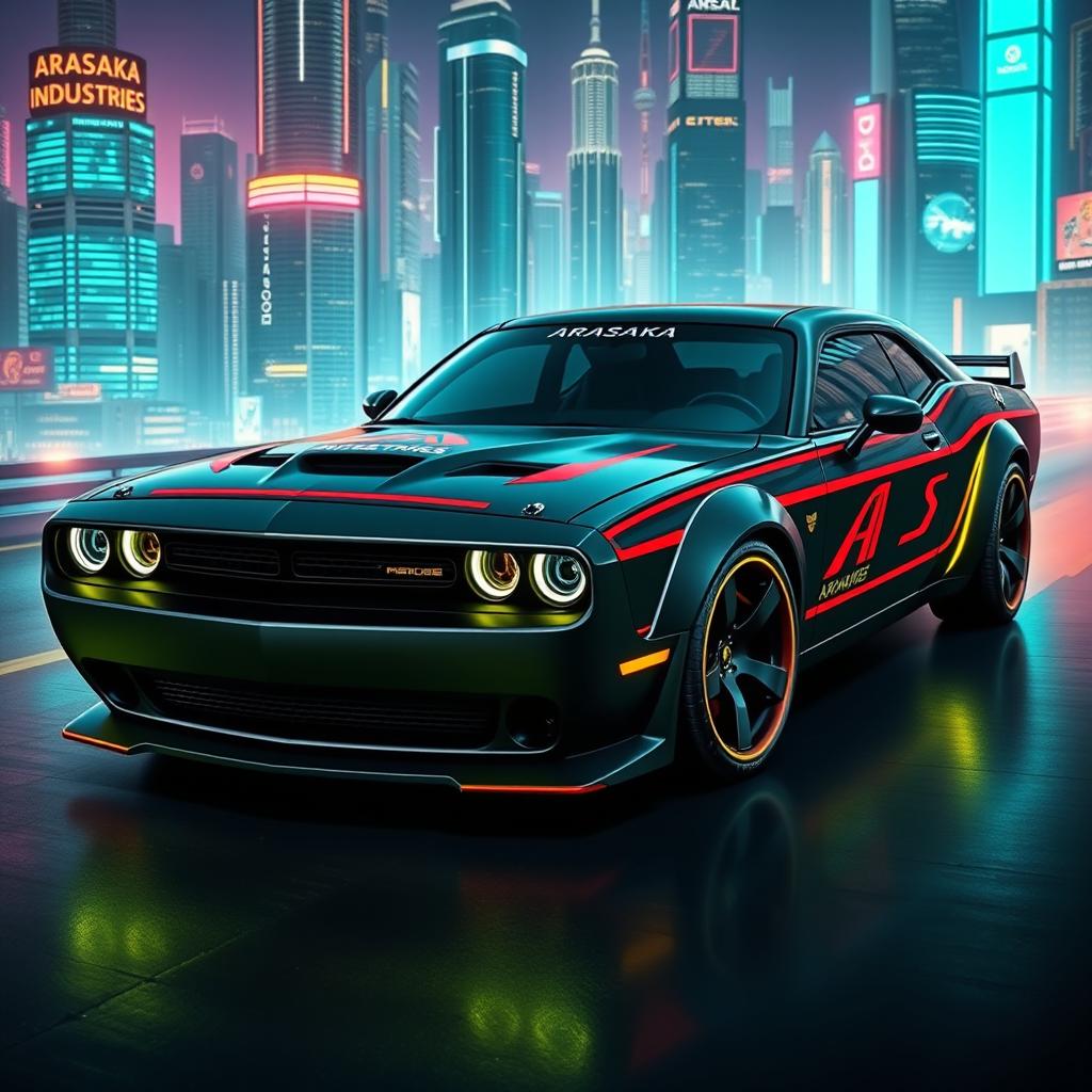 A futuristic Dodge Challenger designed with a cyberpunk aesthetic, featuring sleek lines and neon accents