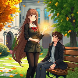 A captivating story illustration featuring a teenage girl with long flowing hair, wearing a stylish academy uniform