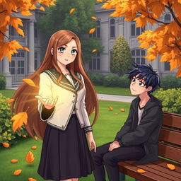 A captivating story illustration featuring a teenage girl with long flowing hair, wearing a stylish academy uniform