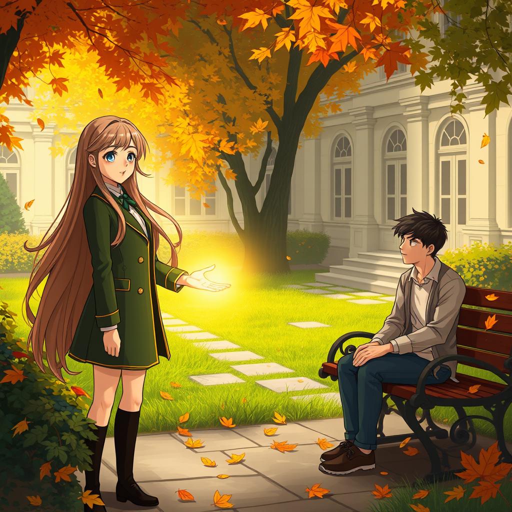 A captivating story illustration featuring a teenage girl with long flowing hair, wearing a stylish academy uniform