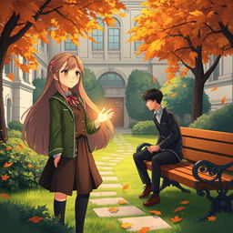 A captivating story illustration featuring a teenage girl with long flowing hair, wearing a stylish academy uniform
