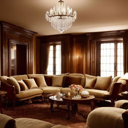 Elegant and cozy drawing room interior with plush sofas, rich wooden furniture, a crystal chandelier, and soft warm lighting