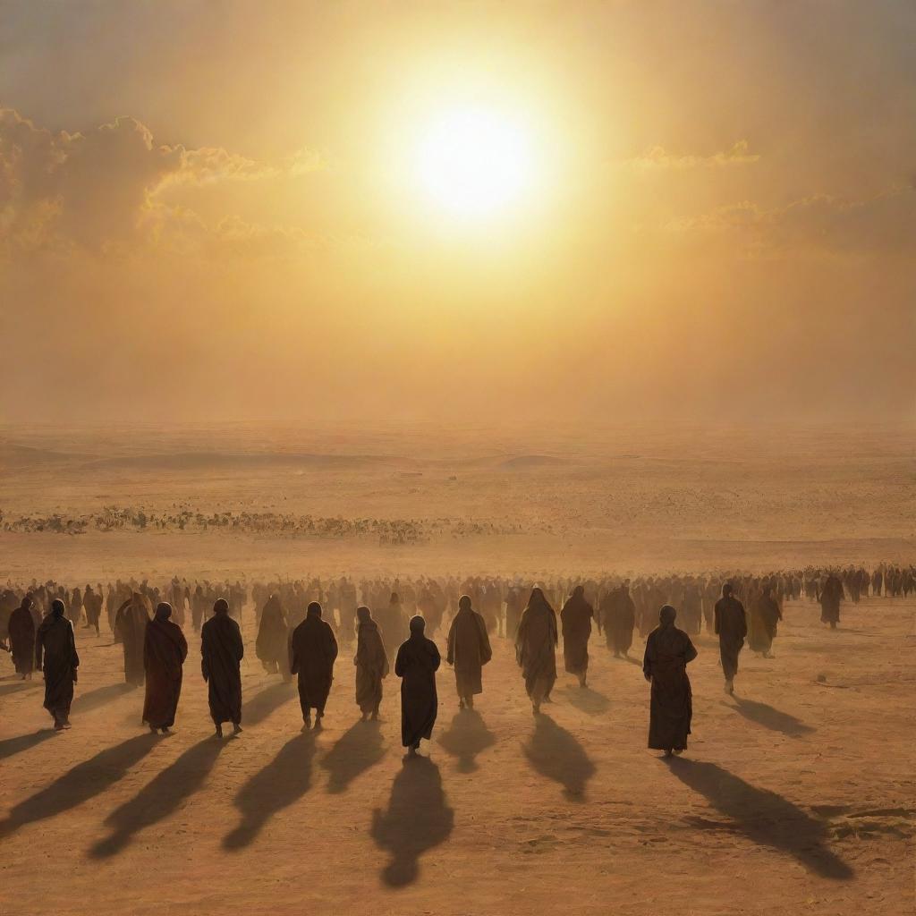 A stirring scene at the Plains of Resurrection (Mahshar), humans being awakened, the sun hovering a mere span away from the Earth, radiating intense brightness.