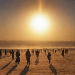 A stirring scene at the Plains of Resurrection (Mahshar), humans being awakened, the sun hovering a mere span away from the Earth, radiating intense brightness.