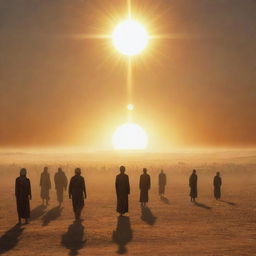 A stirring scene at the Plains of Resurrection (Mahshar), humans being awakened, the sun hovering a mere span away from the Earth, radiating intense brightness.