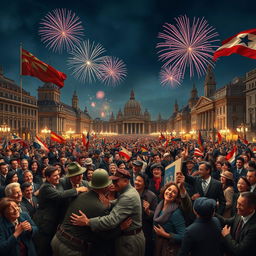 A realistic horizontal scene depicting the celebration marking the end of World War II