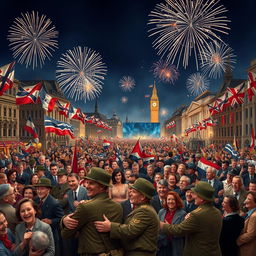 A realistic horizontal scene depicting the celebration marking the end of World War II