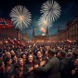 A realistic horizontal scene depicting the celebration marking the end of World War II