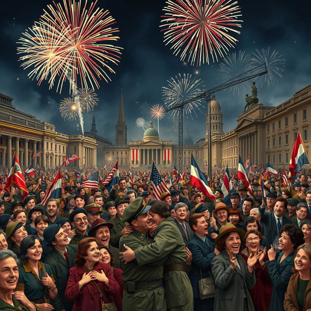 A realistic horizontal scene depicting the celebration marking the end of World War II