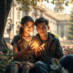 A teenage girl in a beautiful academy setting, with grand architecture and lush gardens