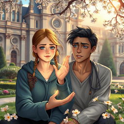 A teenage girl in a beautiful academy setting, with grand architecture and lush gardens