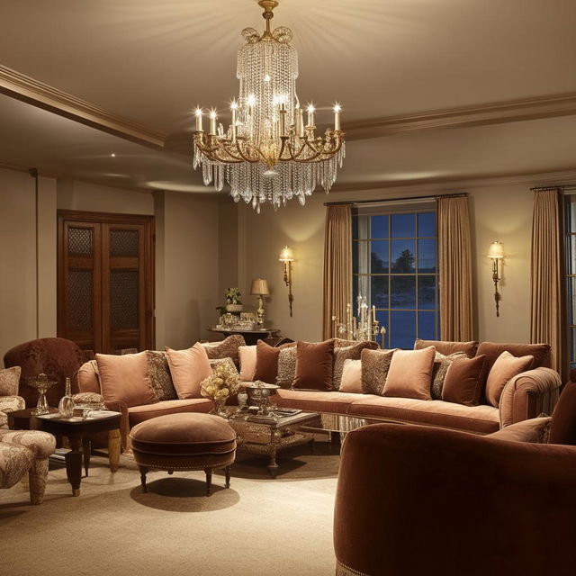 Elegant and cozy drawing room interior with plush sofas, rich wooden furniture, a crystal chandelier, and soft warm lighting