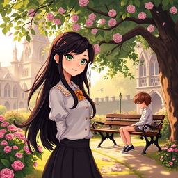 A beautifully illustrated scene depicting Esmeralda, affectionately known as Esme, a unique girl with long, flowing dark hair and bright green eyes, standing in the lush grounds of an enchanting academy