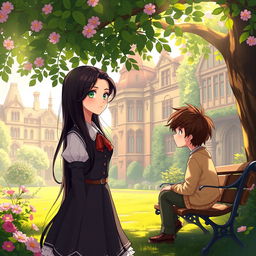 A beautifully illustrated scene depicting Esmeralda, affectionately known as Esme, a unique girl with long, flowing dark hair and bright green eyes, standing in the lush grounds of an enchanting academy