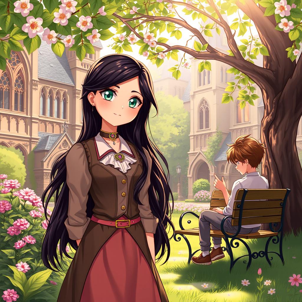 A beautifully illustrated scene depicting Esmeralda, affectionately known as Esme, a unique girl with long, flowing dark hair and bright green eyes, standing in the lush grounds of an enchanting academy