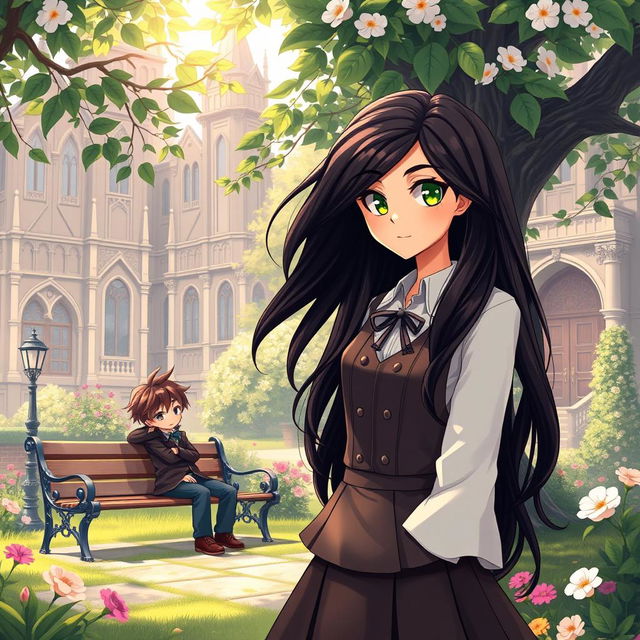 A beautifully illustrated scene depicting Esmeralda, affectionately known as Esme, a unique girl with long, flowing dark hair and bright green eyes, standing in the lush grounds of an enchanting academy