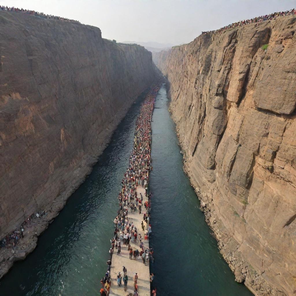 A nerve-wracking yet deeply spiritual scene of multitudes walking on the Bridge of Sirat (Shiratal Mustaqim), a thin, slippery path over the fiery abyss of Jahannam, leading to heaven, as delicate as a strand of hair split into seven.