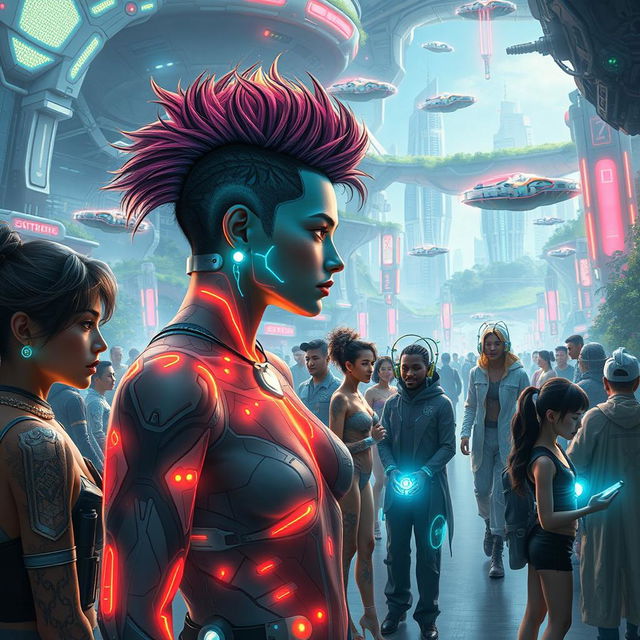 Futuristic scene depicting the transformation of humans in the far future, showcasing people with advanced cybernetic enhancements, glowing tattoos, and unique hairstyles