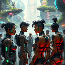 Futuristic scene depicting the transformation of humans in the far future, showcasing people with advanced cybernetic enhancements, glowing tattoos, and unique hairstyles