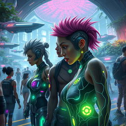 Futuristic scene depicting the transformation of humans in the far future, showcasing people with advanced cybernetic enhancements, glowing tattoos, and unique hairstyles