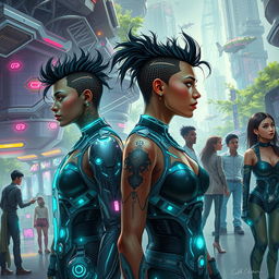 Futuristic scene depicting the transformation of humans in the far future, showcasing people with advanced cybernetic enhancements, glowing tattoos, and unique hairstyles