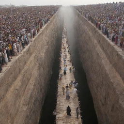 A nerve-wracking yet deeply spiritual scene of multitudes walking on the Bridge of Sirat (Shiratal Mustaqim), a thin, slippery path over the fiery abyss of Jahannam, leading to heaven, as delicate as a strand of hair split into seven.