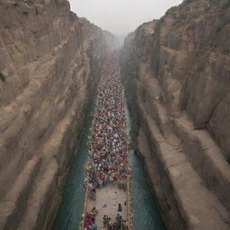 A nerve-wracking yet deeply spiritual scene of multitudes walking on the Bridge of Sirat (Shiratal Mustaqim), a thin, slippery path over the fiery abyss of Jahannam, leading to heaven, as delicate as a strand of hair split into seven.