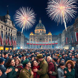 A realistic horizontal depiction of the celebration marking the end of World War II in a bustling urban setting