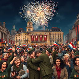 A realistic horizontal depiction of the celebration marking the end of World War II in a bustling urban setting