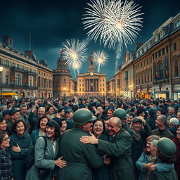 A realistic horizontal depiction of the celebration marking the end of World War II in a bustling urban setting