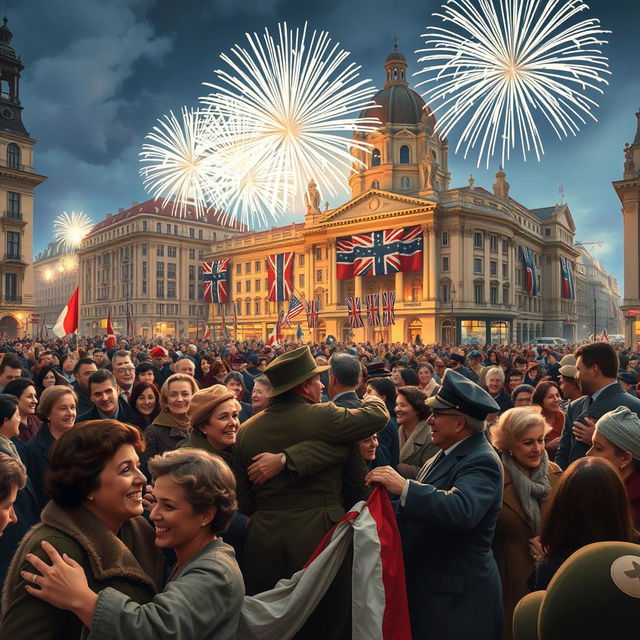 A realistic horizontal depiction of the celebration marking the end of World War II in a bustling urban setting