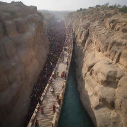 A nerve-wracking yet deeply spiritual scene of multitudes walking on the Bridge of Sirat (Shiratal Mustaqim), a thin, slippery path over the fiery abyss of Jahannam, leading to heaven, as delicate as a strand of hair split into seven.