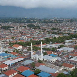 A vibrant view of the city of Aceh, Indonesia, complete with bustling markets, grand mosques, lush greenery, and the glimpse of the Indian Ocean.