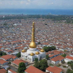 A vibrant view of the city of Aceh, Indonesia, complete with bustling markets, grand mosques, lush greenery, and the glimpse of the Indian Ocean.