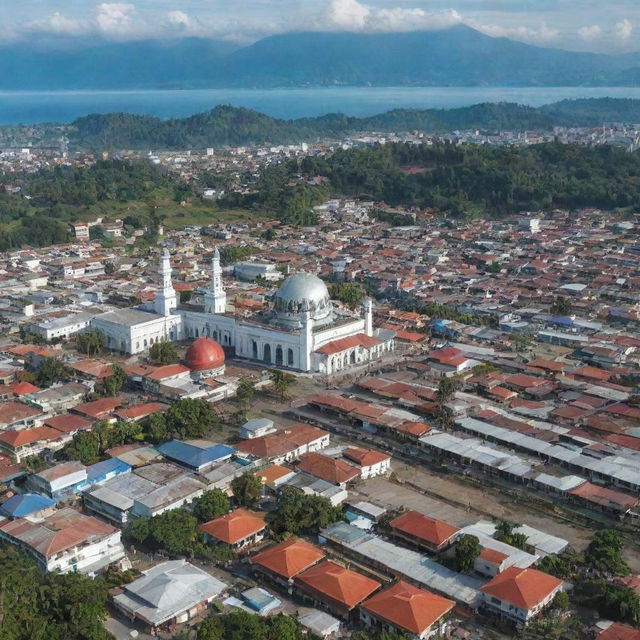 A vibrant view of the city of Aceh, Indonesia, complete with bustling markets, grand mosques, lush greenery, and the glimpse of the Indian Ocean.