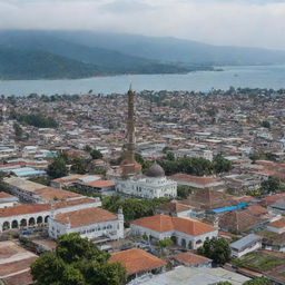 A vibrant view of the city of Aceh, Indonesia, complete with bustling markets, grand mosques, lush greenery, and the glimpse of the Indian Ocean.