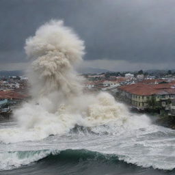 A depiction of the city of Banda Aceh under the wrath of a powerful tsunami, with surges of water overwhelming the city, triggering fear and chaos.