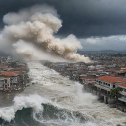 A depiction of the city of Banda Aceh under the wrath of a powerful tsunami, with surges of water overwhelming the city, triggering fear and chaos.