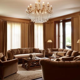 Elegant and cozy drawing room interior with plush sofas, rich wooden furniture, a crystal chandelier, and soft warm lighting