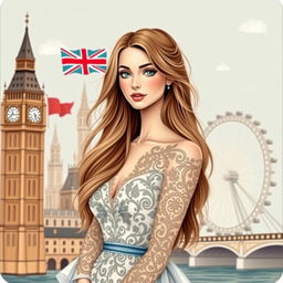 A beautifully illustrated card-style portrait of a stunning woman embodying symbols of England