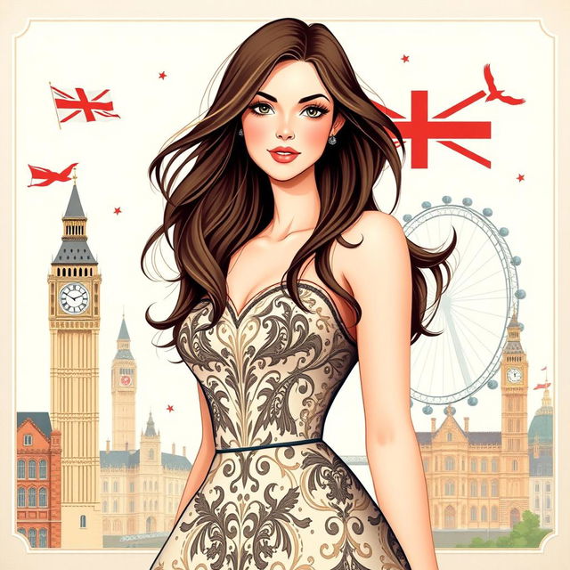 A beautifully illustrated card-style portrait of a stunning woman embodying symbols of England