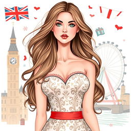 A beautifully illustrated card-style portrait of a stunning woman embodying symbols of England