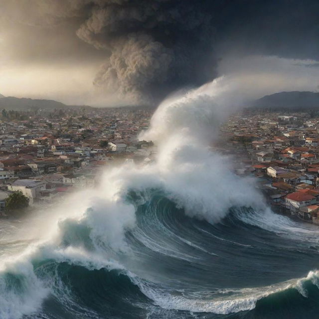 A depiction of the city of Banda Aceh under the wrath of a powerful tsunami, with surges of water overwhelming the city, triggering fear and chaos.