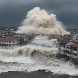 A depiction of the city of Banda Aceh under the wrath of a powerful tsunami, with surges of water overwhelming the city, triggering fear and chaos.