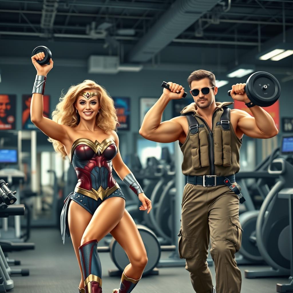 Wonder Woman with blonde curly hair, wearing a stylish, form-fitting workout outfit, is energetically working out next to a character resembling a Top Gun pilot, who is dressed in a classic flight suit and aviator sunglasses