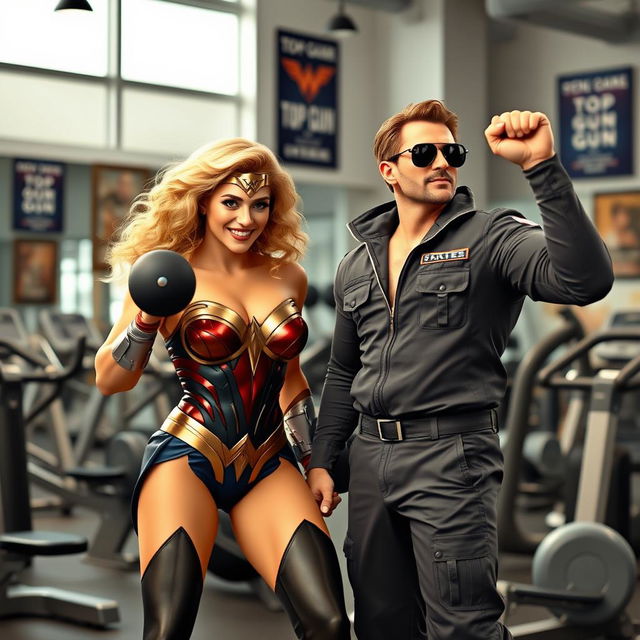 Wonder Woman with blonde curly hair, wearing a stylish, form-fitting workout outfit, is energetically working out next to a character resembling a Top Gun pilot, who is dressed in a classic flight suit and aviator sunglasses