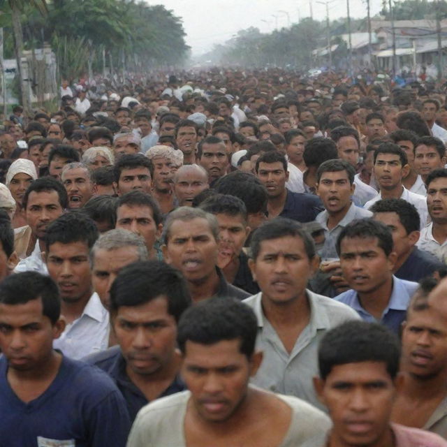 A dramatic image of residents of Banda Aceh city fleeing amidst the chaos caused by the tsunami, a mix of desperation and fear on their faces.