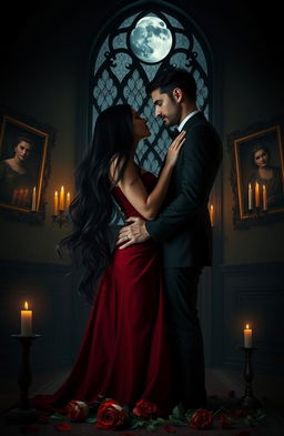 A captivating dark romance scene set in a dimly lit, gothic mansion